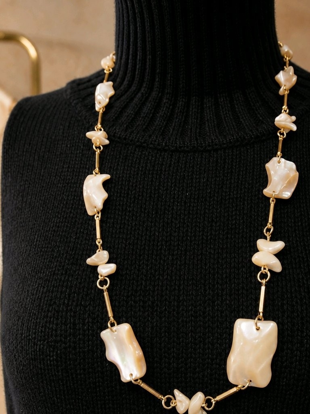 Elegant Gold and Irregular Shaped Mother-of- Pearl Link Long Necklace #564
